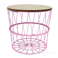 Modern Folding Wood End Table with Wire Metal Frame and Storage Basket